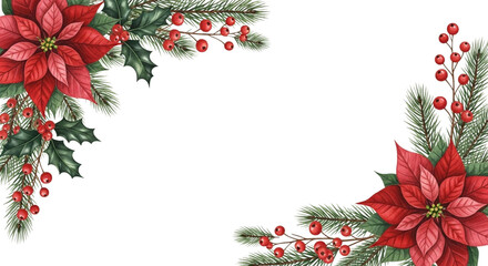 Watercolor corner border frame with red poinsettia flower, holly leaf, pine branch, and red berry isolated on transparent background for christmas holiday design