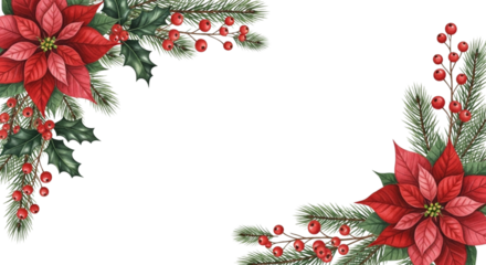 Watercolor corner border frame with red poinsettia flower, holly leaf, pine branch, and red berry isolated on transparent background for christmas holiday design