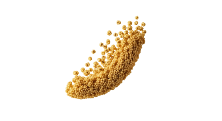 Dynamic Sphere Cluster: Golden Beads Suspended in Mid-Air on a Clean White Canvas