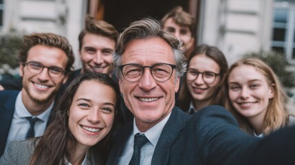 Excited young lawyers celebrate first day with selfie near Wall Street, capturing team building moment and shared smiles