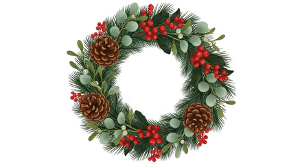 Realistic illustration of a festive christmas wreath decorated with pine cones, red berries, and green foliage isolated on transparent background