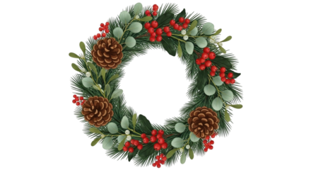 Realistic illustration of a festive christmas wreath decorated with pine cones, red berries, and green foliage isolated on transparent background