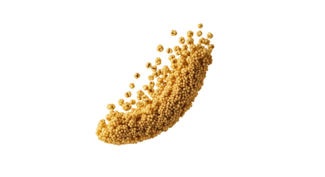 Dynamic Sphere Cluster: Golden Beads Suspended in Mid-Air on a Clean White Canvas