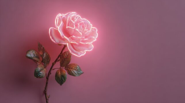 Pink neon rose sign with natural stem and leaves minimal flower concept, flat lay, high quality realistic microstock art for sale