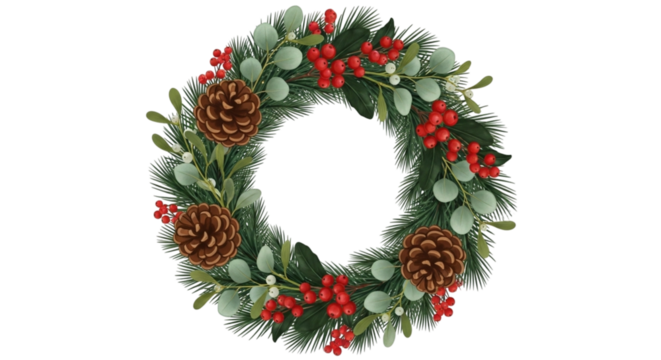 Realistic illustration of a festive christmas wreath decorated with pine cones, red berries, and green foliage isolated on transparent background