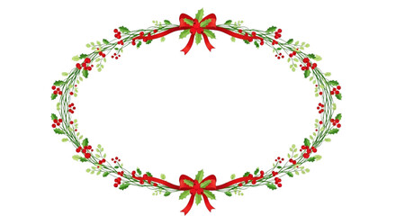 Elegant oval frame made of holly, mistletoe, and red ribbon bows, perfect for christmas or holiday greeting card design, isolated on transparent background