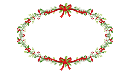 Elegant oval frame made of holly, mistletoe, and red ribbon bows, perfect for christmas or holiday greeting card design, isolated on transparent background