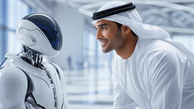 Arab businessman in traditional attire conversing with a futuristic humanoid robot, showcasing the blend of heritage, technology, and artificial intelligence in a forward thinking environment