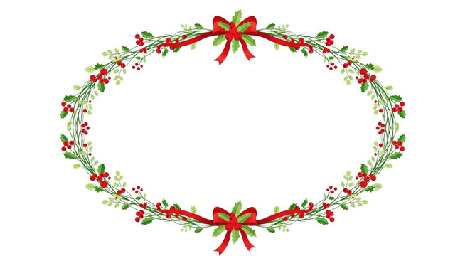 Elegant oval frame made of holly, mistletoe, and red ribbon bows, perfect for christmas or holiday greeting card design, isolated on transparent background - Powered by Adobe