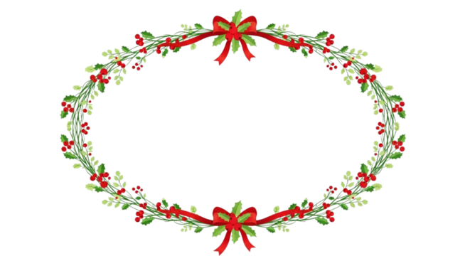 Elegant oval frame made of holly, mistletoe, and red ribbon bows, perfect for christmas or holiday greeting card design, isolated on transparent background