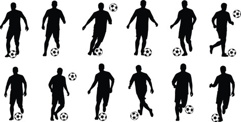 Set of male soccer player silhouettes dribbling a football, depicting athletes in various poses, running, kicking, and engaging in competitive sport vector illustration.