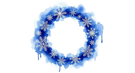 Watercolor blue wreath frame decorated with white snowflake pattern for winter holiday design element isolated on transparent background