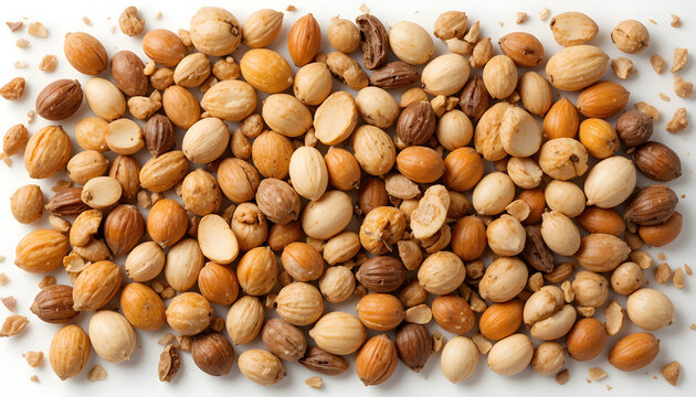 A top down view of a pile of shelled pili nuts with some broken pieces on a white background