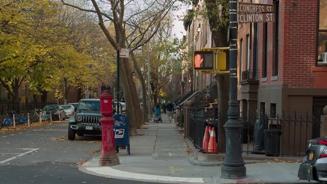 Urban landscape featuring empty Brooklyn streets during tranquil autumn morning in Cobble Hill, peaceful residential neighborhood with fallen leaves, New York, 10.20.2024