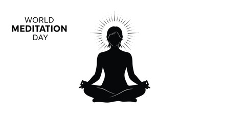 World meditation day illustration featuring a silhouetted figure in lotus position with radiating light