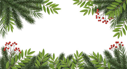 Festive winter holiday frame border with green fir tree branch and rowan berry foliage decoration isolated on transparent background for christmas or new year greeting card design