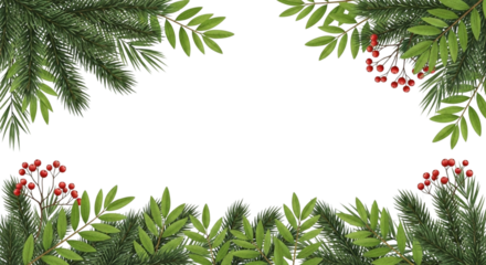Festive winter holiday frame border with green fir tree branch and rowan berry foliage decoration isolated on transparent background for christmas or new year greeting card design