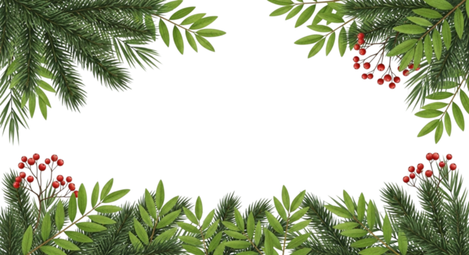 Festive winter holiday frame border with green fir tree branch and rowan berry foliage decoration isolated on transparent background for christmas or new year greeting card design