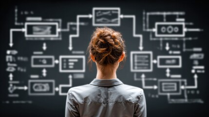 Businesswoman analyzing workflow automation process in office, focus on flowchart and modern business strategies