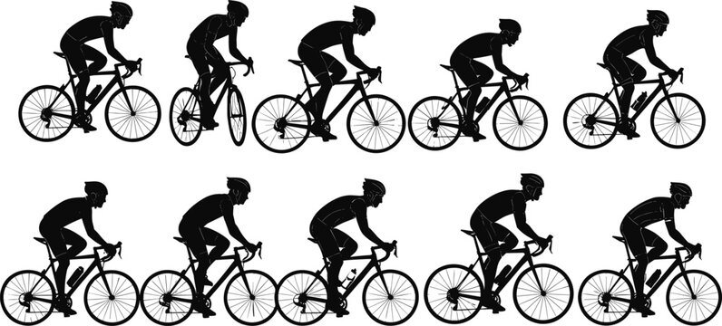 Set of racing cyclist silhouettes, professional athletes riding road bikes, training, and engaging in competitive cycling sport and fitness vector illustration.