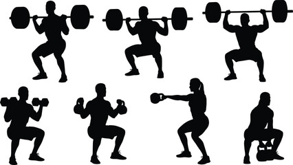 Set of squat exercise vector silhouettes, demonstrating male and female athletes performing squats with barbell, dumbbells, and kettlebells for strength training and fitness.