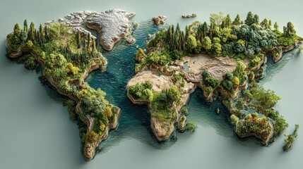 World map depicting environmental conservation and globalization concept with land covered in forests and water bodies showing a healthy planet