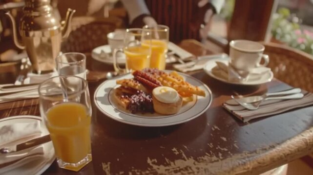 Professional server presenting a gourmet breakfast plate with tea and juice in a luxurious setting.