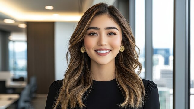 A young woman with long, wavy brown hair and gold earrings smiles at the camera in a bright office setting. Large windows show a cityscape