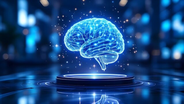 Futuristic AI Brain Hologram – Tech Blue Theme