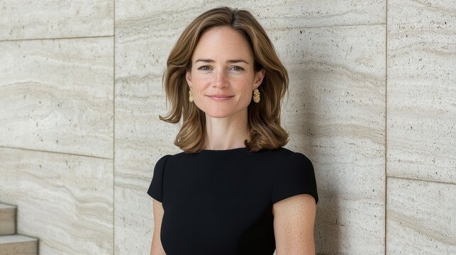 A woman with brown hair smiles. She wears a black dress and gold earrings. She is posing against a marble wall. There are stairs in the background