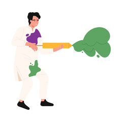 Young man in traditional attire spraying colorful powder for Holi festival celebration isolated vector illustration