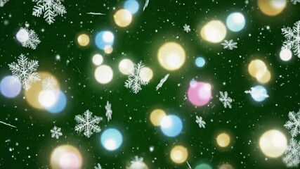 Snowflakes falling with colorful bokeh lights on a dark green christmas background animation loop - Powered by Adobe