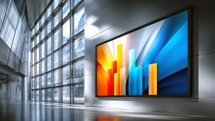 Digital display showing financial data charts in a modern glass building business lobby, visualizing growth and innovation in a futuristic corporate environment