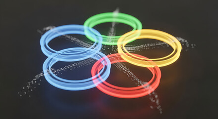Five glowing neon rings in a star shape on black background