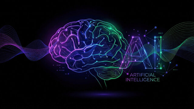 AI Artificial intelligence wave lines neural network purple blue and green light isolated on black background. in concept of technology, machine learning - Powered by Adobe