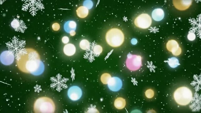 Snowflakes falling with colorful bokeh lights on a dark green christmas background animation loop