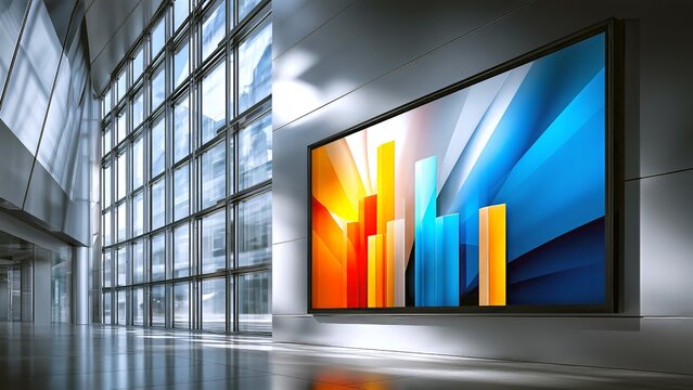 Digital display showing financial data charts in a modern glass building business lobby, visualizing growth and innovation in a futuristic corporate environment