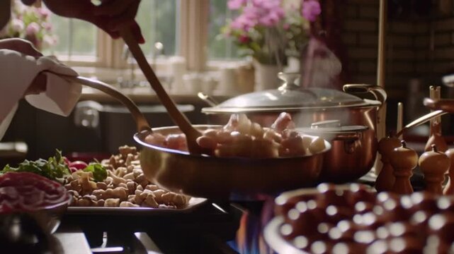 Professional chef preparing gourmet meal in a rustic kitchen with copper pots and natural light.