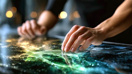 Human hands interacting with a futuristic glowing data visualization on a touchscreen, exploring digital information and innovative technology in a global network concept