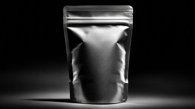 Sleek silver vacuum sealed bag stands prominently against dark background, showcasing its three dimensional form and high fidelity design. This empty packaging is ideal for various products