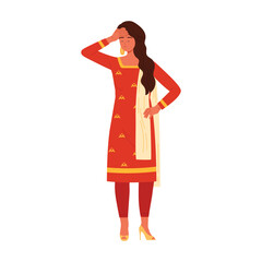 Isolated Indian woman in red traditional dress holding head and looking stressed vector illustration
