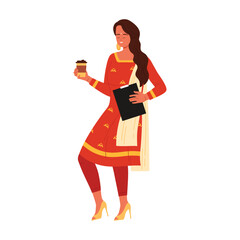 Confident Indian woman in red traditional attire holding coffee and folder isolated vector illustration