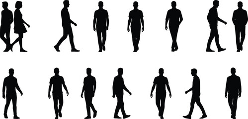 Walking People Silhouettes Set, Featuring Men and a Couple in Various Poses, Representing Pedestrians, Movement, Urban Activity, Direction, and Everyday Life Vector