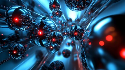 Intricate network of futuristic robotic skulls with glowing red eyes in a dark blue tunnel