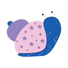 A whimsical cartoon snail design in purple and pink, featuring charming star patterns for a playful touch