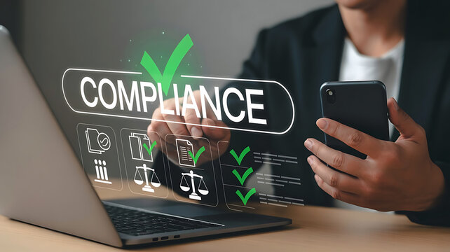 Compliance concept with businessman using smartphone and icons on laptop screen showing regulations