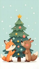 Fototapeta premium Cute Cartoon Forest Animals Decorating Christmas Tree