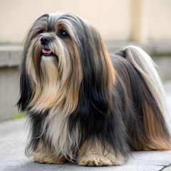 A small, charming Lhasa Apso with long flowing fur and an alert.