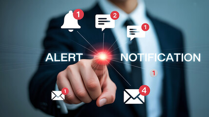 Businessman activating alerts and notifications with finger pushing touch screen concept