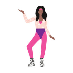 A trendy dancer skillfully showcasing a vibrant retro workout style through a series of energetic poses and movements